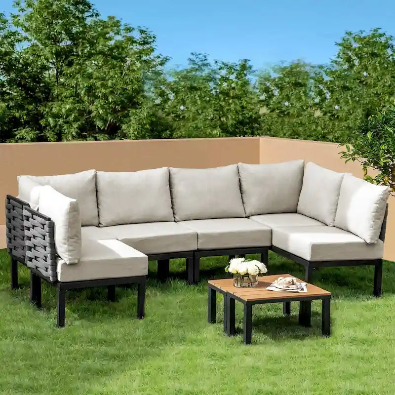 Outdoor Patio Furniture w/ 6 Thick Cushion, U-Shaped Sofa Set, Sectional Conversation Modular Couch for Garden