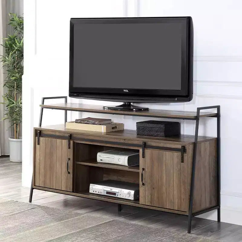 60 Rashawn TV Stand for TVs up to 58 Rustic Oak/Black Finish - Acme Furniture: Industrial Style with Sliding Barn Doors & Open Shelf