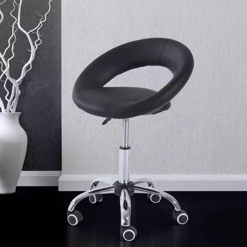 HOMCOM Crescent Rolling Salon Stool with Adjustable Height, Breathable Open Back, Foam Cushion Seat, and 5 Caster Wheels, Black