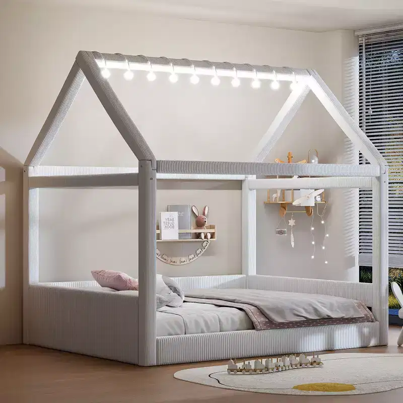 Full Size Upholstered House Daybed with LED Light Strips