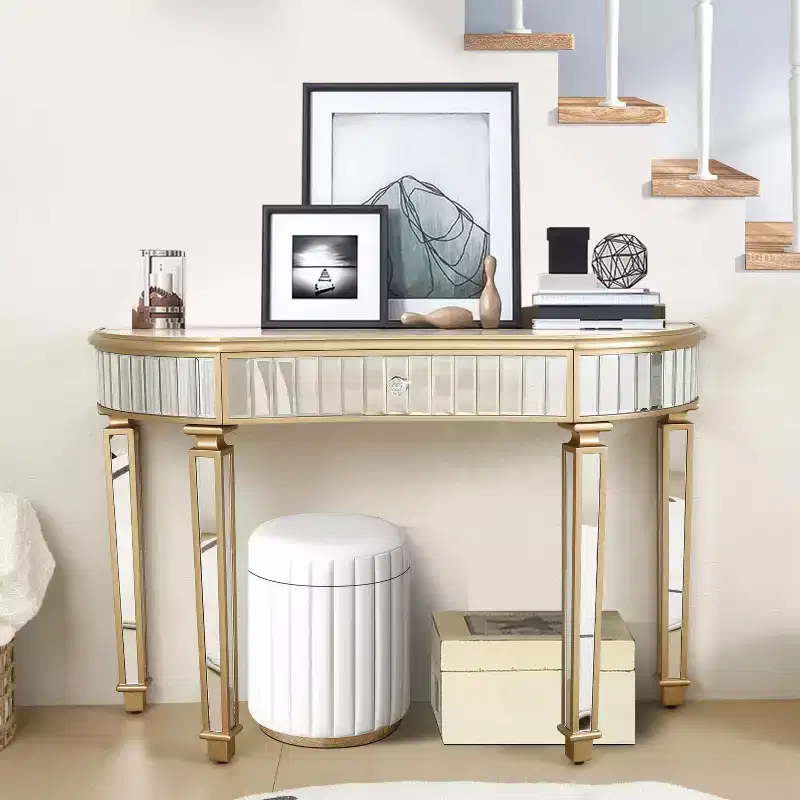 47 Mirrored Console Table with 2 Drawers, Fluted Glass Half Moon Entryway Table with Crystal Knob