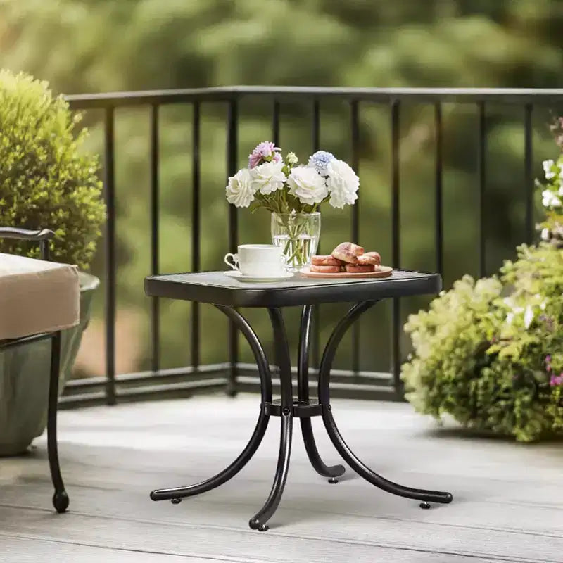 VINGLI Outdoor Side Table, 18 Patio Table Steel Frame Tempered Glass Top, Weatherproof Small Tables for Balcony Garden Poolside