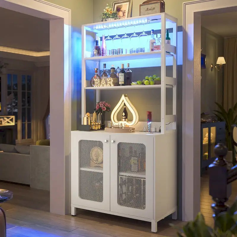 67-Inch Tall Wine Bar Cabinet with LED Lights, Glass Holder and Power Outlets