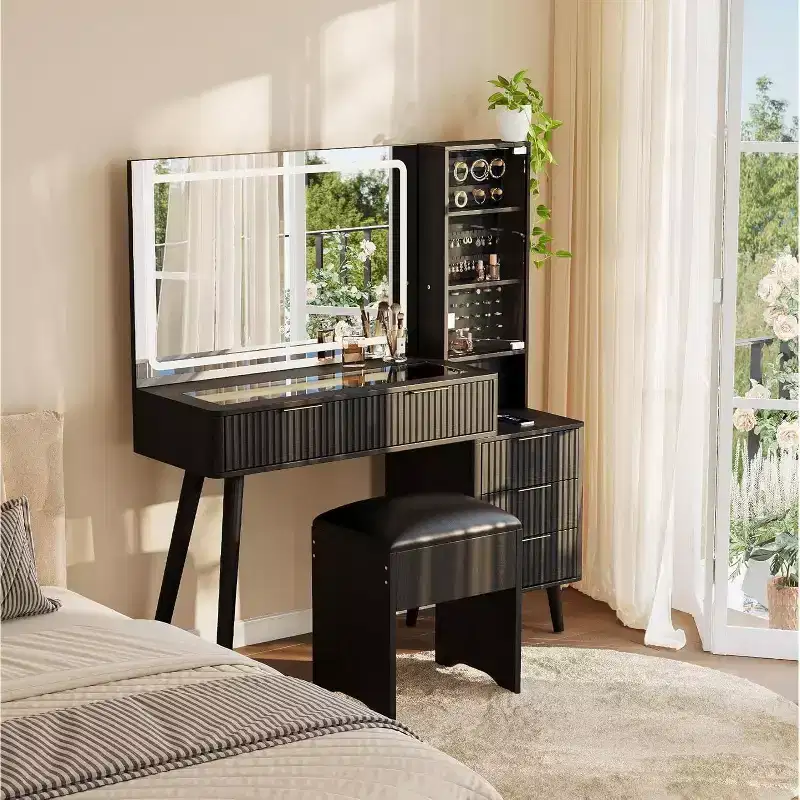 Vanity Desk with Lighted Mirror, Makeup Dressing Table with Charging Station & Jewelry Cabinet, Glass Top Vanity Set with Storage Stool for Bedroom