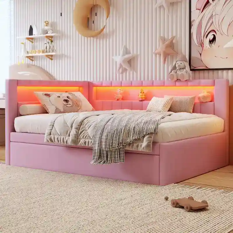 Upholstered Platform Bed with USB Ports & LED Lighting - Full/Twin Size Bed Frame with 2 Storage Drawers - Modern Bedroom