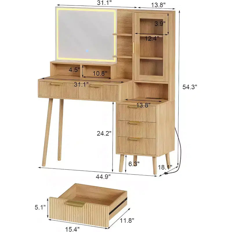 Fluted Vanity Desk with HD Mirror & Lights - Modern Wood Makeup Desk with Adjustable Shelves, 5 Drawers for Bedroom,Natural Oak