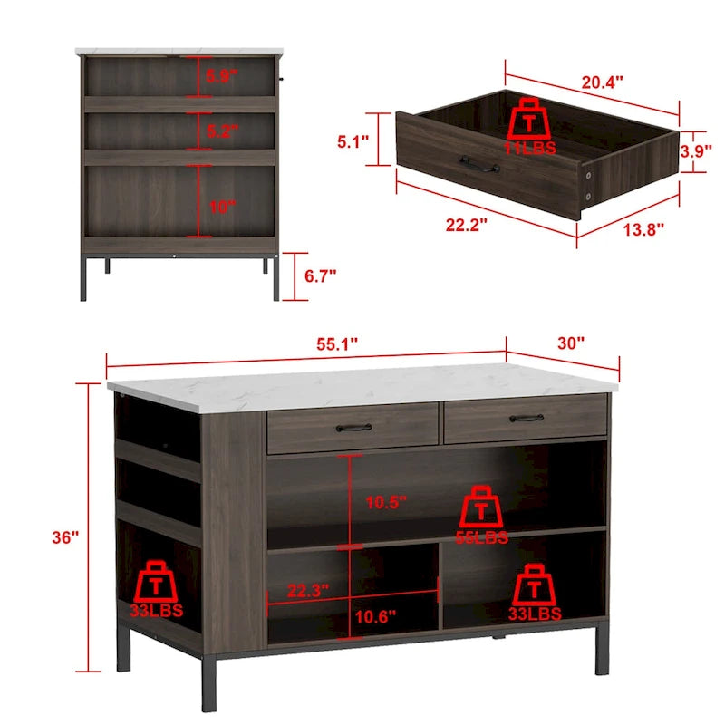 55.1W Buffet Kitchen Island Cabinet with Open Shelves Two Drawers