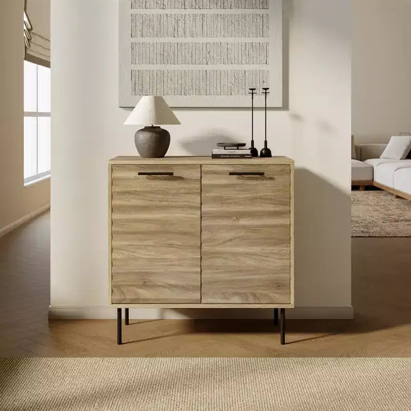 LuxenHome Mid-Century Modern Wave 2-Door Cabinet with Metal Legs Natural