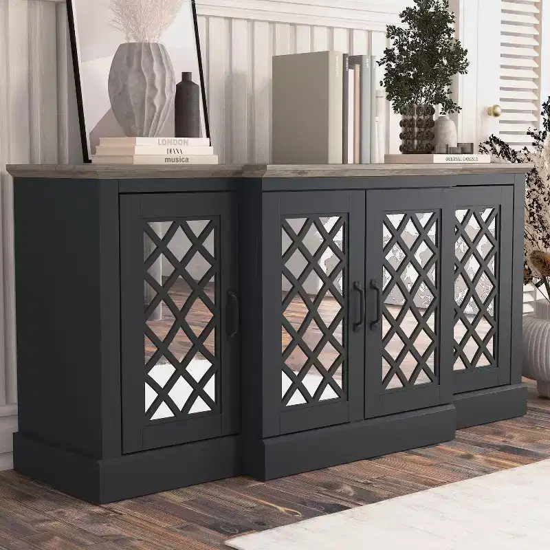 4-Door Accent Sideboard with Mirrored Cut-Out Doors, 60.4W x 18.2D x 29.3H