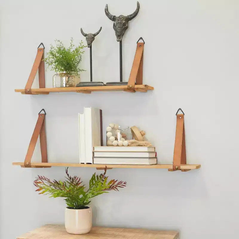 Set of 2 Wood 2 Wall Shelves with Faux Leather Straps Brown - CosmoLiving by Cosmopolitan: Contemporary Floating Storage, No Assembly Required