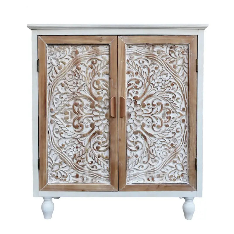 Vintage Free-Standing Buffet Cabinet with 2 Carved Doors, Brown and White
