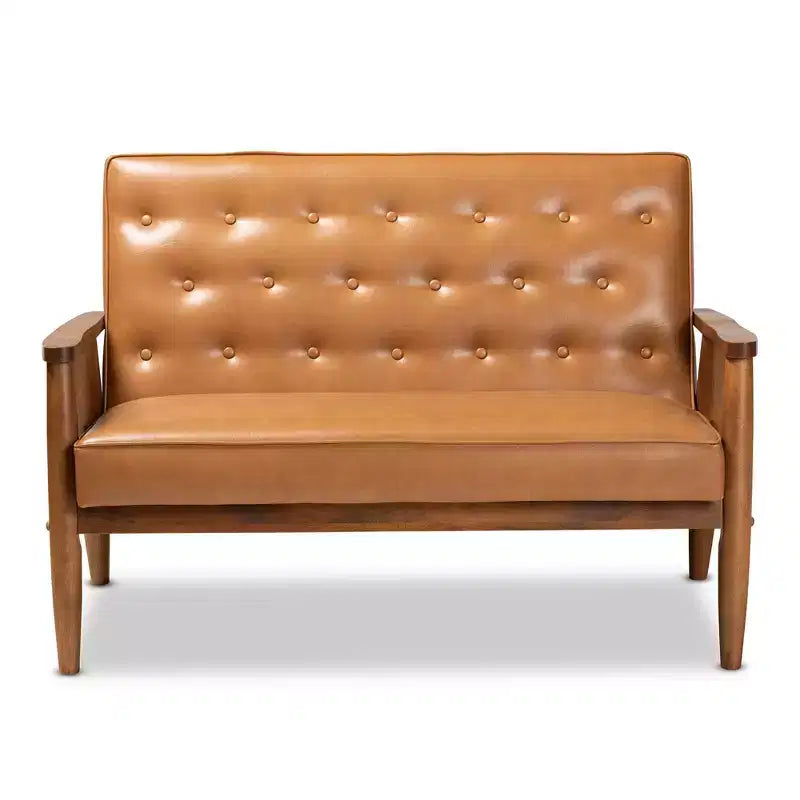 Sorrento Mid-Century Faux Leather Upholstered Wood Loveseat Walnut/Brown - Baxton Studio: Tufted 2-Seater Couch, Spot Clean