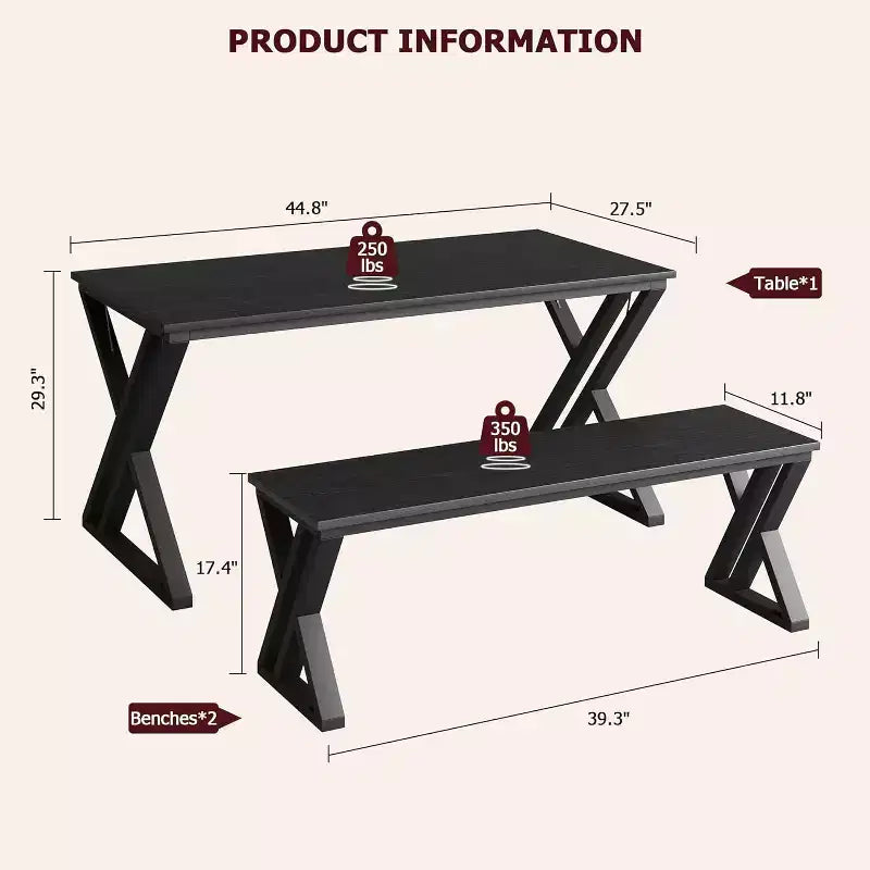 Dining Table Bench Set for 4, Kitchen Table Set with 2 Benches, Metal Frame, Saving Space for Kitchen, Dining Room, Apartment