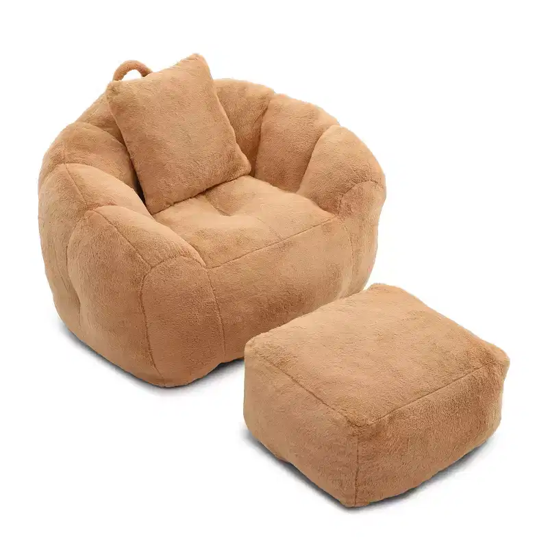 Homy Casa Faux Fur Bean Bag Accent Chair with Ottoman and Pillow, Khaki