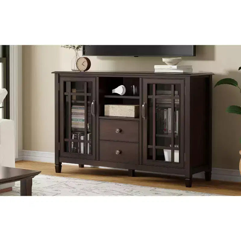 Hampshire 53 inch Wide Solid Wood Traditional Tall TV Stand in Dark Chestnut Brown For TVs up to 60 inches