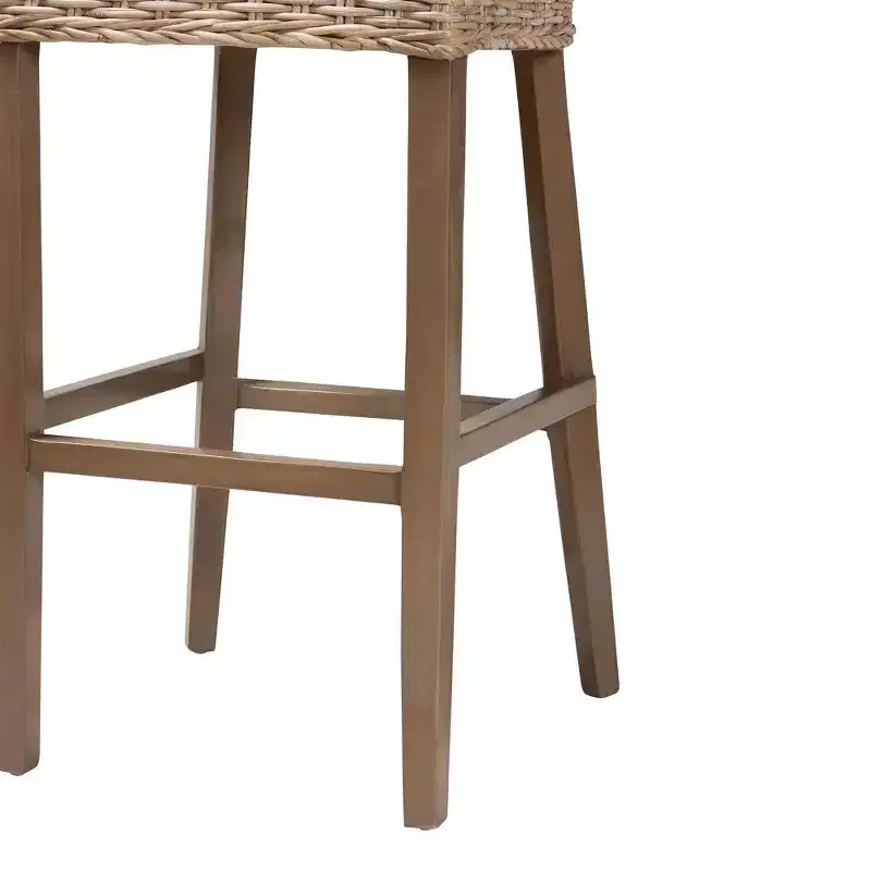 bali & pari Magy Rattan and Mahogany Wood Barstool Kubu Gray/Rustic Taupe
