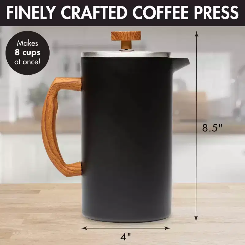 Primula Grant 8 Cup Double Wall Stainless Steel Coffee Press Matte Black Wood Water Transfer Accent