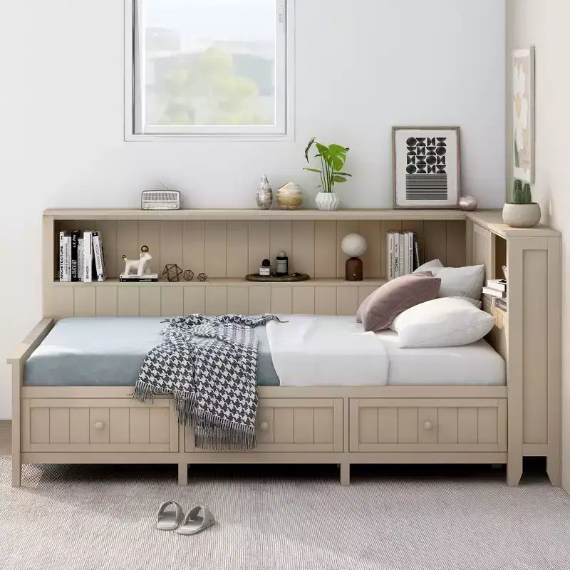 Wood Daybed with Storage Shelves & 3 Under-Bed Drawers - Pine & MDF, No Box Spring