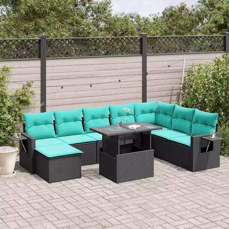 vidaXL Patio Sofa Set with Cushions Table and Couches 9 Piece Poly Rattan - Black without storage