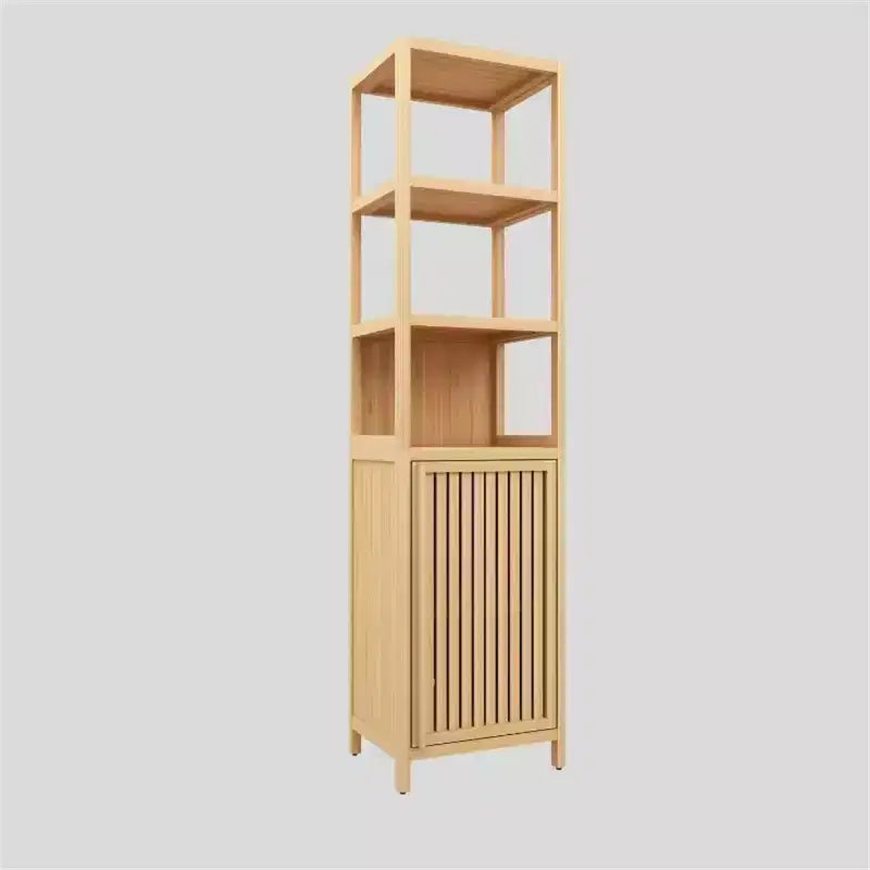 Tall Slim Storage Cabinet, Bamboo Bathroom Cabinet With Shutter Door And 3 Tier Shelves, Tower Corner Rack For Bathroom, Living Room, Kitchen Neutral