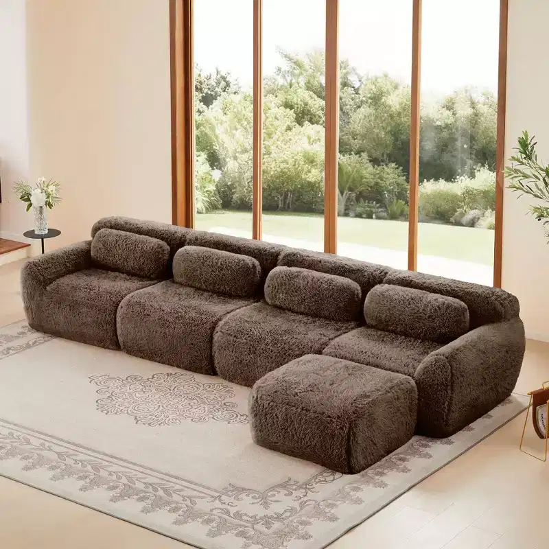 149 inch Light Khaki L-shaped Plush Fabric Sectional Sofa Couches with Throw Pillows and Ottoman ( Buckle Connection)