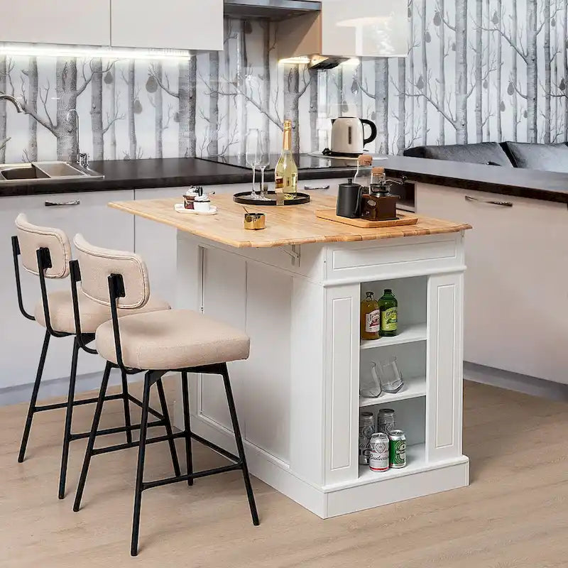 Gymax Large Kitchen Island Drop Leaf Breakfast Bar w/ Wood Top Shelves