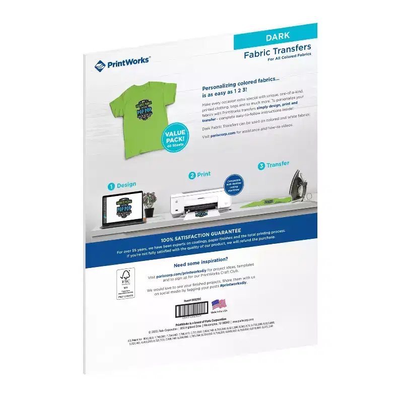 40 Sheets Dark T-Shirt Transfers for Inkjet Printers 8.5"x11" - PrintWorks: Iron-On Transfer Paper for Printable Shirts