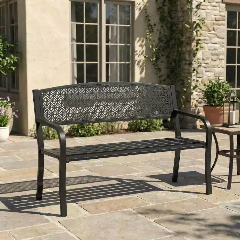 2 Person Metal Outdoor Bench for Garden, Steel Benches Furniture with Geometric Backrest for Patio, Garden & Porch