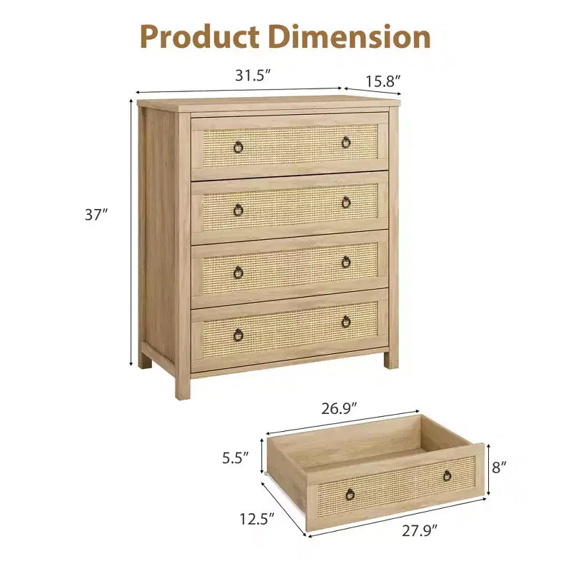 COZONY Rattan Dresser for Bedroom, 4/5-Drawer Tall Chest with Natural Woven Fronts, Freestanding Clothes Storage Cabinet for Living Room, Hallway