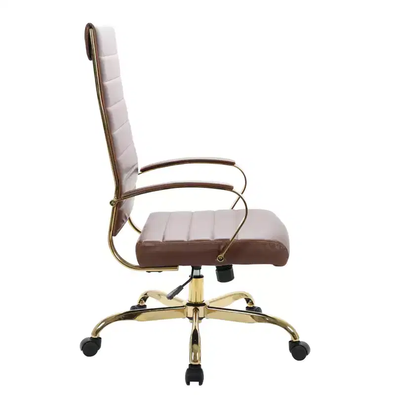 LeisureMod Benmar High-Back Ribbed Leather Office Chair - Modern Swivel & Tilt Executive Desk Chair - Gold Base