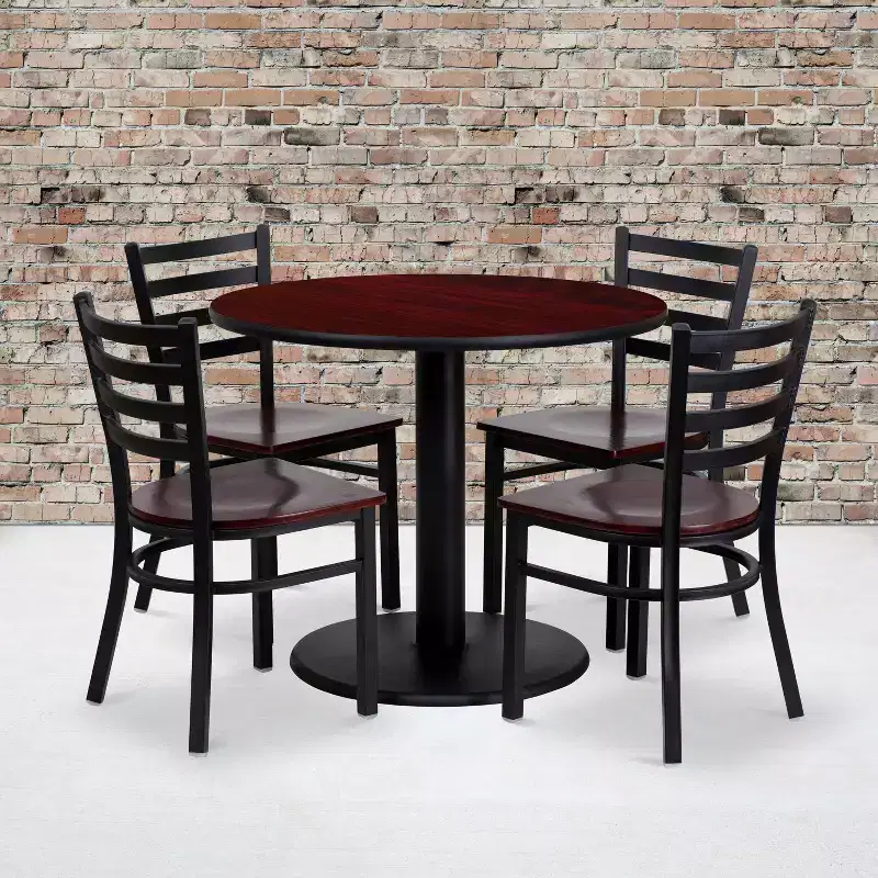 Emma and Oliver 36 Round Mahogany Laminate Table Set, 4 Ladder Back Metal Chairs