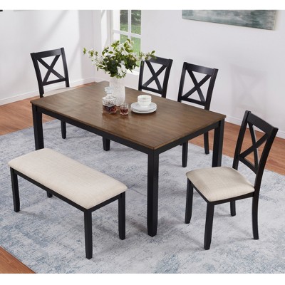 GDFStudio Callan Farmhouse Wood Upholstered 6 Piece Dining Set with Bench