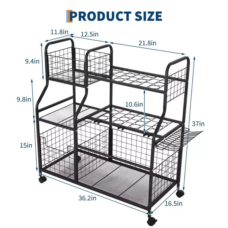 Garden Tool Organizer With Wheels, Rolling Metal Yard Storage Rack, Freestanding Garden Tool Stand with Basket for Yard Shed