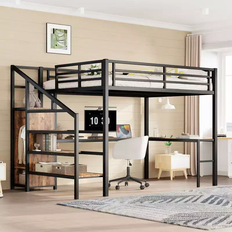 Queen Size Loft Bed with L-shaped Desk and USB Metal Loft Bed with Wardrobe and Adjustable