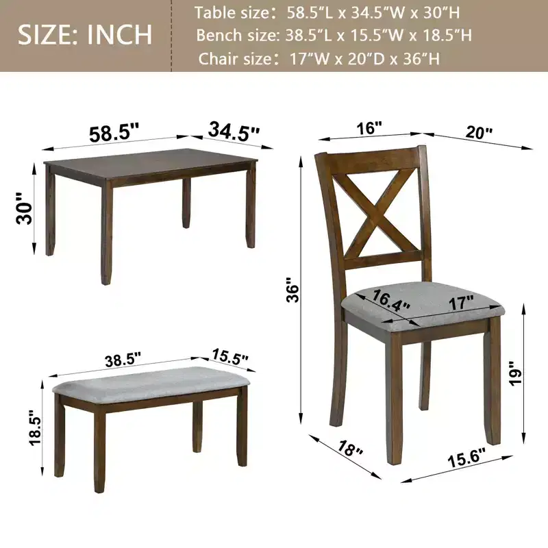 Homy Casa 6-Piece Wooden Dining Table Set with 4 Upholstered Chairs and Bench, Kitchen & Dining Room Furniture, Grey