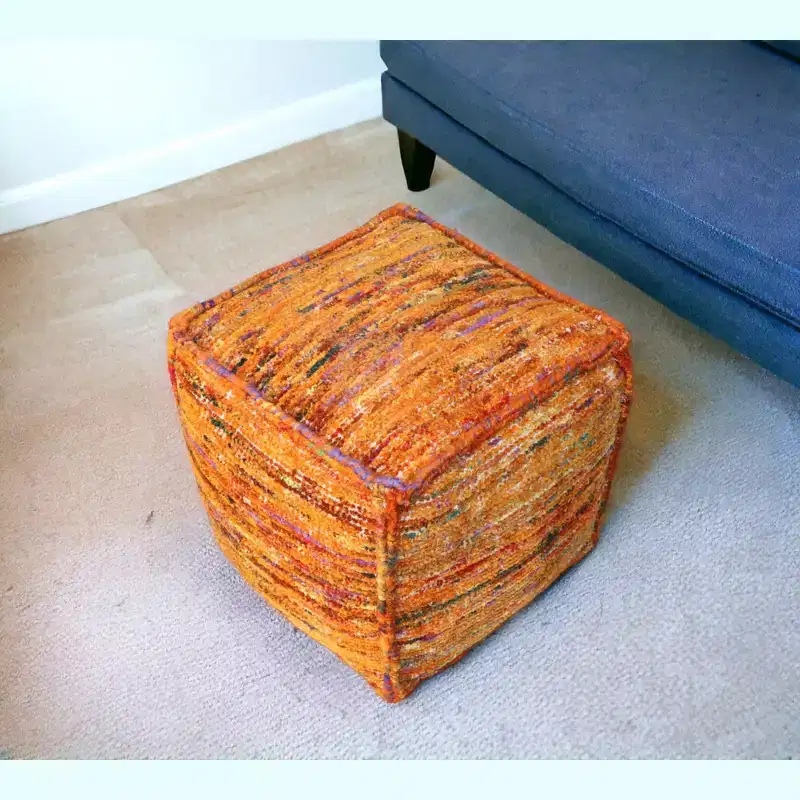 HomeRoots 18 Orange Recycled Silk and Cotton Blend Cube Pouf Ottoman