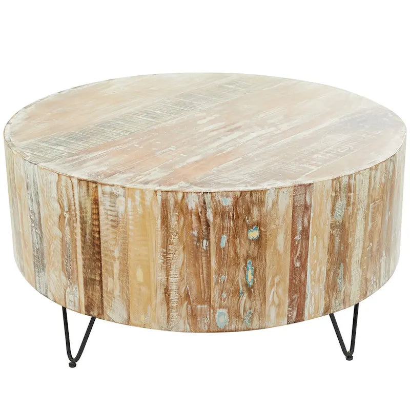 Handmade Mango Wood Distressed Coffee Table | Black Hairpin Legs | 36.5 Round | 100 lb