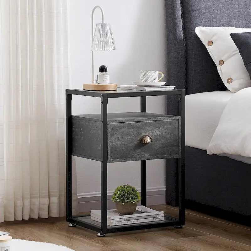 VECELO (Set of 2) Modern 1-Drawer Nightstand with 2-tier Glass Shelves