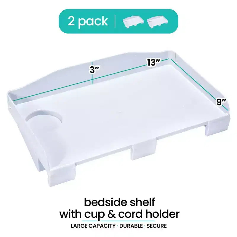 2 Count Bedside Organizer Clip On Tray with Cup and Cord Holder for College Dorm Top Bunk or Kids Bedroom White