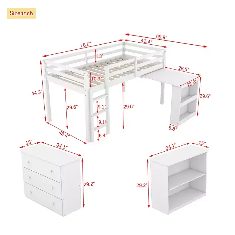 MAYEERTY Twin Loft Bed with Drawer Cabinet Shelf Cabinet and Pulling Out Desk,Rubber Wood Loft Bed with Guardrail Ladder White