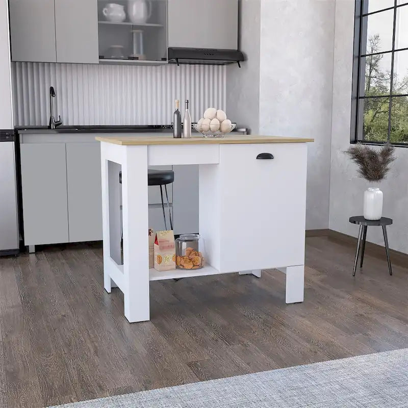 White Stationary Kitchen Island with Natural Wood Top Single Door Cabinet and Open Shelf