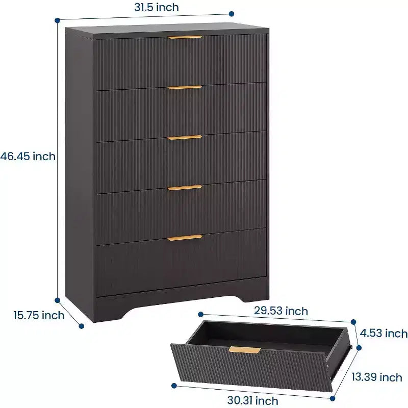 5 Drawers Tall Dresser, Modern Wood Chest of Drawers with Smooth Slides & Gold Metal Handles, 31.5 Storage Cabinet for Bedroom,Living Room,Entryway