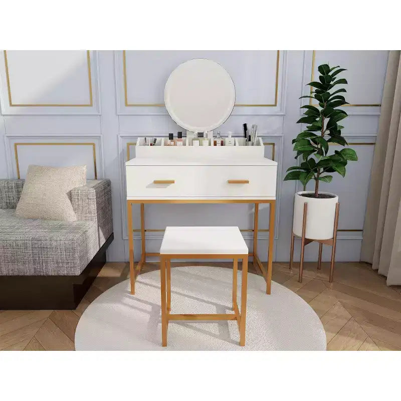 Okak Modern Girls Vanity with Metal Legs and Round Mirror, Makeup Vanity with Cushioned Stool, Makeup Table for Small Bedroom, Ancient White