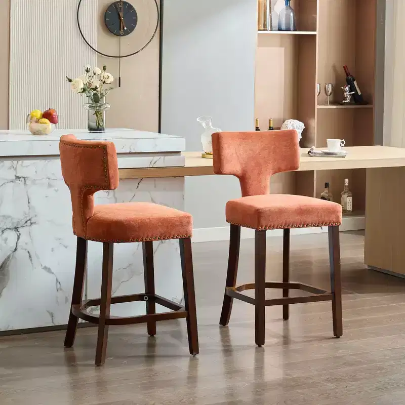 CLIHOME Set of 2 Mid Century Counter Height Bar Stools, Farmhouse Linen Fabric Upholstered Kitchen Accent Chair Curved Backrest
