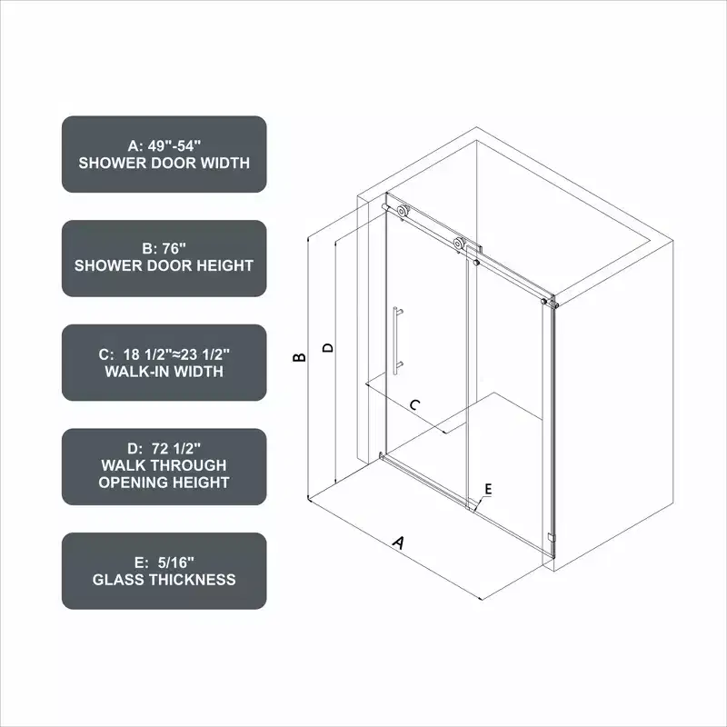 PexFix 76 in.x 54 in. Frameless Single Sliding Shower Door 8mm Tempered Glass With Adjustable Soft Closing Design for Spa Bathroom Brushed Nickel