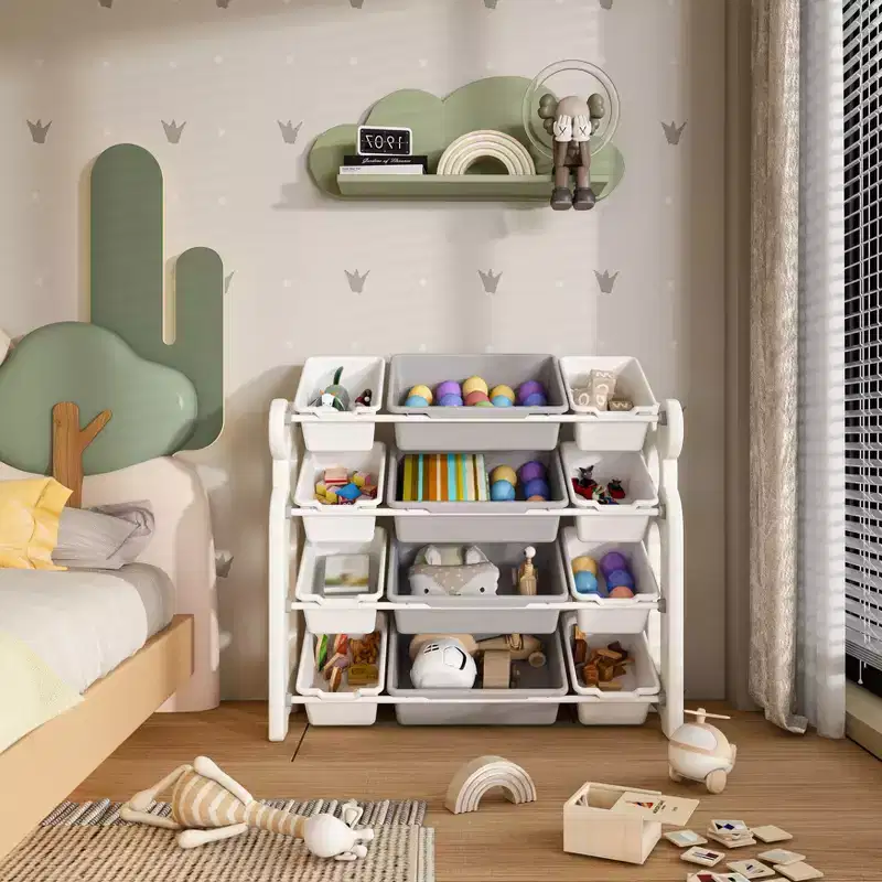 Kids Toy Storage Organizer with 12 Bins, Multifunctional Nursery Furniture Set with HDPE Shelves (Grey-White)