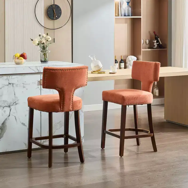 CLIHOME Set of 2 Mid Century Counter Height Bar Stools, Farmhouse Linen Fabric Upholstered Kitchen Accent Chair Curved Backrest