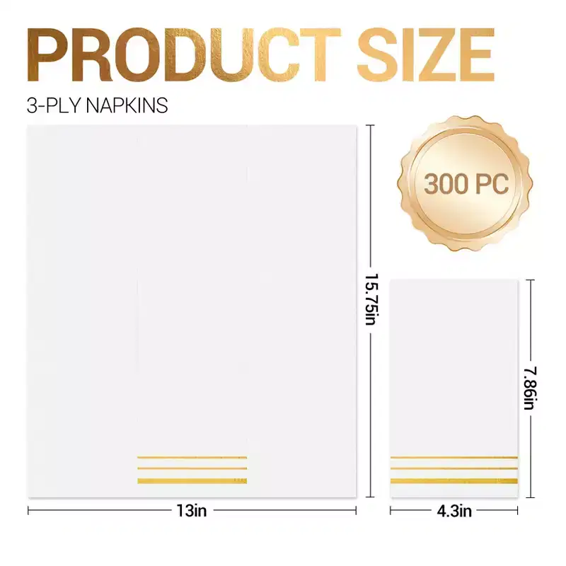 300 Count Gold Foil Napkins, 3-Ply 40x33cm Disposable Paper Napkins, Virgin Wood Pulp with Gold Foil Stamping for Party Wedding Dinner Table Decor