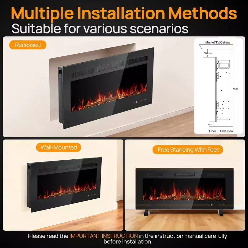 JIONJOY Electric Fireplace - Wall Mount/Recessed/Freestanding Heater with Touch Screen, 12H Timer, Black