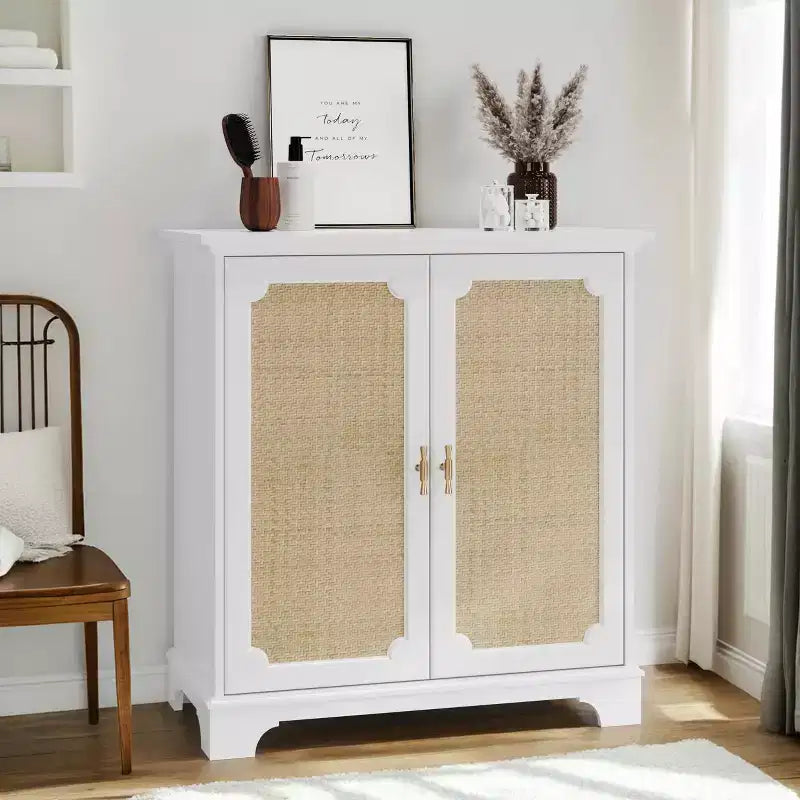 MAYEERTY Sideboard Buffet Storage Cabinet with Rattan Decorated Doorss Cupboard Console Table for Living Room Kitchen Wihte Beige
